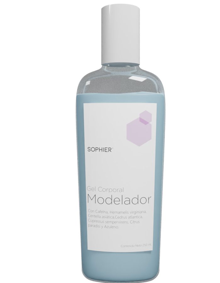 Gel corporal Modelador 250 mL con Cafeína, Hamamelis virginiana, Centella asiática, Cedrus atlantica, Cupressus sempervirens, Citrus paradisi y Azuleno.